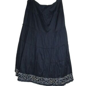 Chico's Maxi Skirt‎ Embroidered Tiered Cotton Blend Black Size 2